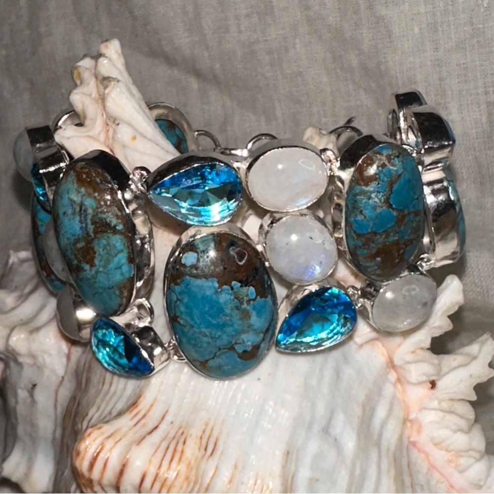 Gorgeous Tibetan Turquoise + Moonstone + Blue Topaz cluster statement Cuff
